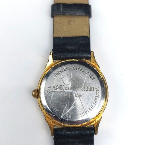 Vintage 1990 Guess Inc. Quartz Watch With Black Leather Strap & Gold-Tone Case - Picture 5 of 11